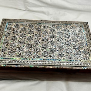 Egyptian Mother of Pearl Paua Shell Inlaid Jewelry Box Convex Design 14&quot; X 9&quot;  Beech Wood.  Unique # 1151.
