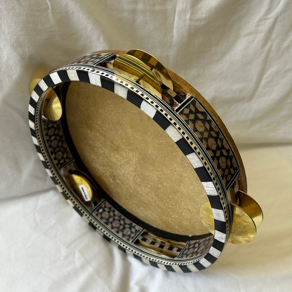 Large Egyptian Professional Wooden Tambourine Rik Deff Brass Cymbals 11.5" Diameter Rabbit Skin Head Excellent Quality