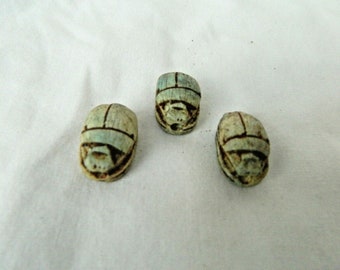 3 Small Ceramic Egyptian Scarab Antique Looking Beetle Good Luck Green 0.75" #2123.  Blue Scarab 1.3" and Pale 1.3"