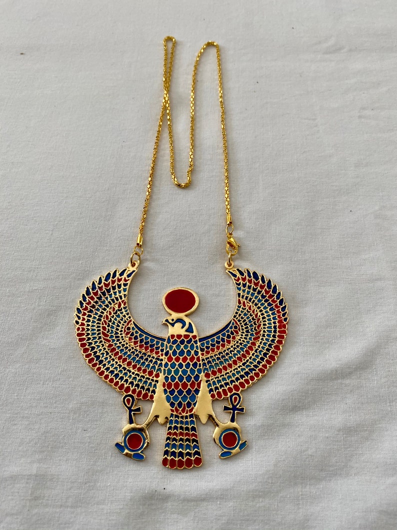 X-Large Egyptian Metal Gold Plated Multi-Color Horus Ankh Falcon Necklace 3.25 X 3.25 and Small 2 X 2 image 2