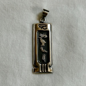 Egyptian Personalized Silver Solid Oxidized Cartouche Double Sided In Hieroglyphic 3-5 Letters With Anubis and Eye of Horus. Special Order !