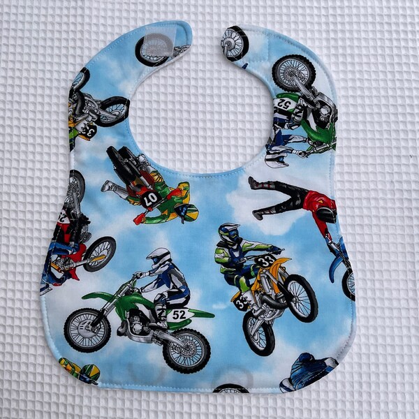 Dirt bike Baby Bib on sky blue, Infant Bib baby bib with white waffle weave absorbent backing