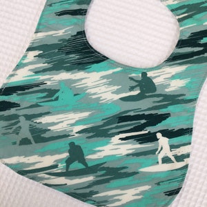 beach baby bib, Camo Surf Infant Bib with white waffle weave absorbent backing