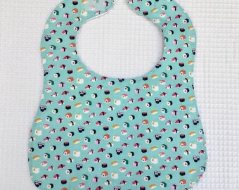 Mini Sushi Baby, Infant Bib, baby bib with white waffle weave absorbent backing