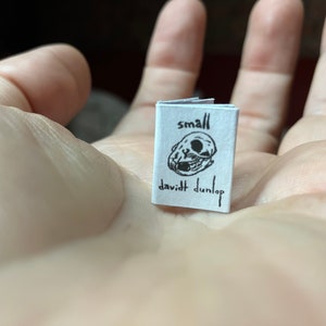 May include: A miniature white book with the word "small" and "davidt dunlop" printed on the cover. The cover also features a black illustration of a skull. The book is held in a person's hand.