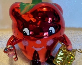 Italian Blown Glass Strawberry with Present & Candy Cane Christmas Ornament