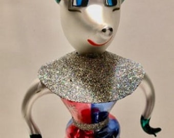 Beautiful NEW Italian Blown Glass Pink and Blue Xenon Christmas Ornament Space Alien Martian Very Rare