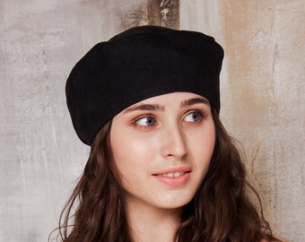 Leinen Barett, Schwarzes Barett für Frauen, französisches Barett für Frauen, Mini-Barett, Sommer-Barett, Beret für Frauen groß, Beret für großen Kopf