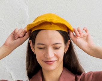 Yellow beret, Linen beret, Summer beret, French beret, Mini beret, Linen hat for women, Beret hat women, Parisian hat, Linen clothing