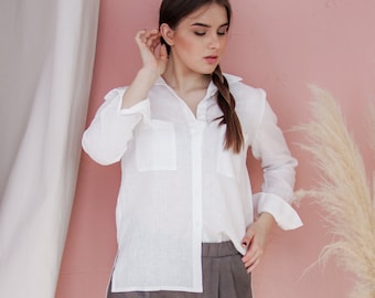 Chemise blanche en lin, chemise blanche classique, chemise en lin décontractée, chemise en lin pour elle, chemise en lin vêtements pour femmes, chemise en lin à manches longues