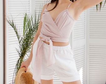 Linen halter crop top, Linen camisole top, Linen shorts and top set, Linen blouse, Linen strap top, Linen loungewear, Linen wrap top