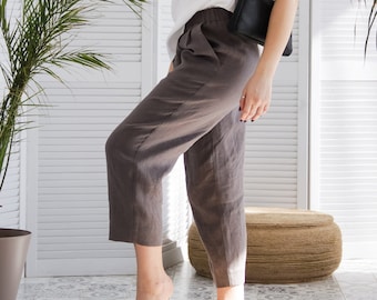 Leinenhose für Frauen, Sommerleinenhose, Leinenhose mit Taschen, abgeschnittene Hose Frauen, Leinenhose mit weitem Bein, Leinenhose Frauen