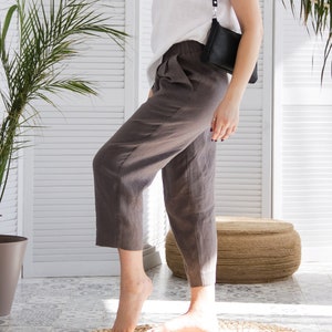 Leinenhose für Frauen, Sommerleinenhose, Leinenhose mit Taschen, abgeschnittene Hose Frauen, Leinenhose mit weitem Bein, Leinenhose Frauen Bild 1