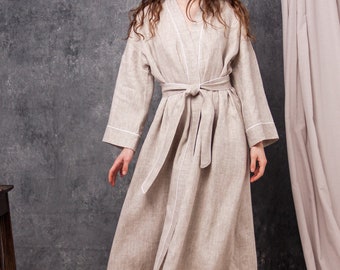 Leinen Bademantel, Robe mit Taschen, Leinen Morgenmantel, Spa-Roben für Frauen, Leinen Kimono Robe, Weißer Kimono Robe, Leinen lange Robe