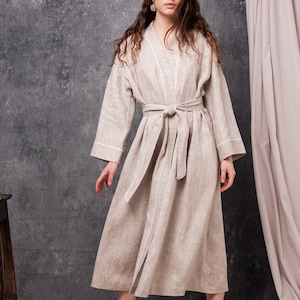 Linen Womens Robe,Linen Organic Robe,Linen Long Kimono Pockets,Linen Wrap Bath Robe,Linen Belted Womens Bathrobe,Linen White Kimono Robe image 1