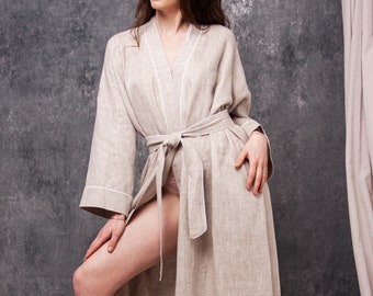 Robe kimono en lin, robe kimono homme, robe wrap, robe avec poches, robe kimono en lin femme, peignoir en lin, kimono avec poches