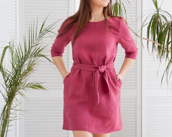 Linen dress with pockets, Linen dress with sleeves, Linen dress with belt, Pink linen dress, Linen summer dress, Linen midi dress