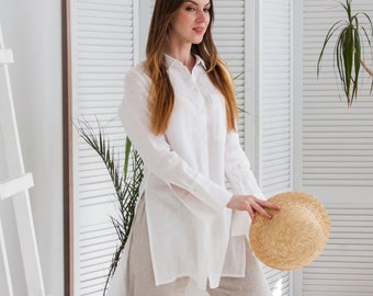 Linen blouse women, White linen shirt women, Linen collar shirt, White linen top for women, Long sleeve shirt women, Long blouse, Long shirt