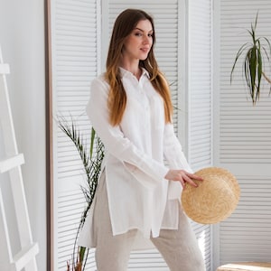 Linen blouse women, White linen shirt women, Linen collar shirt, White linen top for women, Long sleeve shirt women, Long blouse, Long shirt image 1