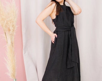 Vestido boho negro, vestido negro de noche de lino, vestido largo de lino, vestido maxi negro, vestido estilo bruja, vestido de verano negro, vestido envolvente maxi