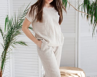 Linen matching set, Women linen set, Linen lounge wear, Linen outfits for women, Linen clothing plus size, Loungewear set women