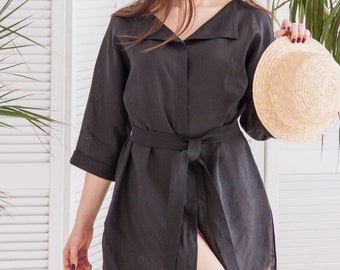 Kimono shirt dress, Linen shirt dress in black, Oversized linen shirt, Wrap linen shirt, Loose linen shirt, Drop shoulder shirt women