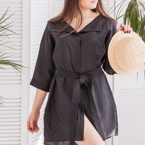 Kimono shirt dress, Linen shirt dress in black, Oversized linen shirt, Wrap linen shirt, Loose linen shirt, Drop shoulder shirt women