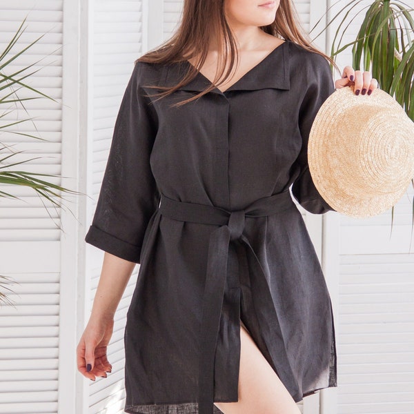 Long linen shirt, Oversized linen shirt, Kimono cardigan short, Linen kimono dresss, Loose shirt,Long sleeve linen shirt,Collar shirt womens