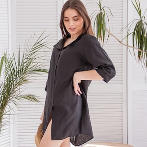 Kimono shirt dress, Linen shirt dress in black, Oversized linen shirt, Wrap linen shirt, Loose linen shirt, Drop shoulder shirt women image 3