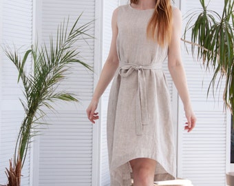 Robe en lin avec ceinture, Robe en lin naturel, Robe tunique en lin, Robe débardeur d'été, Robe midi en lin asymétrique, Robe trapèze en lin