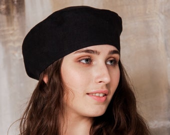 Boina de lino para mujer, sombrero de boina negro con clase para mujer, sombrero de boina de lino, boina francesa de lino para mujer, boina linda de lino para mujer, sombrero de boina holgado de lino