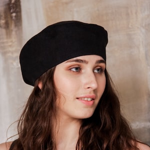 Boina de lino para mujer, sombrero de boina negro con clase para mujer, sombrero de boina de lino, boina francesa de lino para mujer, boina linda de lino para mujer, sombrero de boina holgado de lino imagen 1