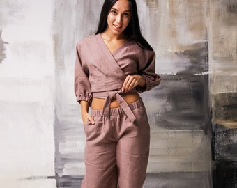 Linen wrap tops for women, Linen suit women, Two piece set women, Linen crop top, Linen pants elastic waist, Summer suit, Belted top