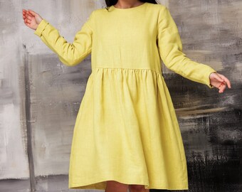 Vestido midi de lino, vestido de mujer amarillo, vestido de talla grande de lino, bolsillos de vestido de gran tamaño, vestido suelto de lino, vestido de mujer orgánico, vestido de manga larga