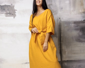 Robe en lin à manches longues, robe en lin pur, robe d'été jaune, robe en lin surdimensionnée, robe d'été jaune, robe ceinture obi, robes d'été en lin