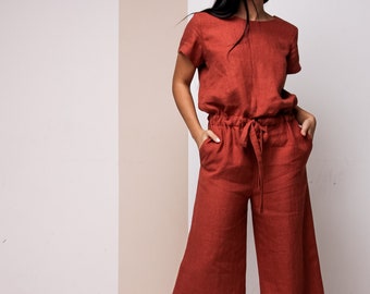 Leinen-Jumpsuit mit Taschen, Leinen-Jumpsuit Damen, Wickel-Leinen-Jumpsuit, Leinen-Overall Damen, Leinen-Strampler Damen, Leinen-Playsuit Damen