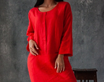 Vestido de lino natural, Vestido midi rojo, Vestido rojo casual, Vestido de verano rojo, Bolsillos de vestido de lino, Vestido suelto de manga larga