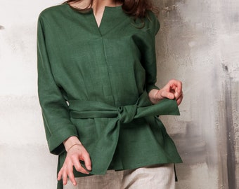 Camisa de lino verde, camisa de lino para mujer, blusa de lino verde, camisa de mujer orgánica, blusa de lino suelta para mujer, camisa de manga de pulsera de lino