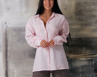 Chemise boutonnée en lin, chemise à manches longues en lin, chemise en lin long, chemise en lin blanc pour femmes, chemise à manches longues en lin, chemise en lin surdimensionnée