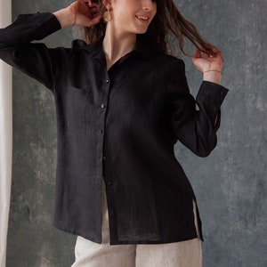 Black Linen Blouse,Linen Womens Shirt,Linen Long Sleeve Shirt,Organic Womens Shirts,Long Sleeve Linen Shirt,Linen Womens Shirt Button Up image 2