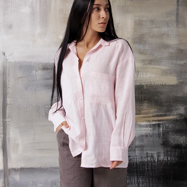 Loose linen shirt, Linen shirt buttons down, Long sleeve linen shirt, Linen shirt dress, Pink linen shirt, Long linen shirt, Oversized shirt