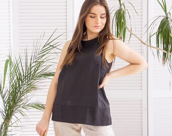 Black linen tank top, Linen tank top for women, Linen sleeveless top, Minimalist linen tops, Sleeveless blouse for women,Round neck tank top