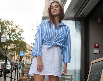 Linen shirt button down, Women striped shirt, Linen long sleeve shirt, Oversized linen shirt, Blue linen shirt, Linen blouse womens