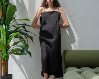 Linen spaghetti strap long black dress, Linen maxi dress sleeveless, Summer dress women beach, Evening dress, Linen sundress, Cocktail dress