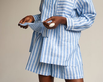 Linen pajama set women, Striped pajama set, Linen pajama set shorts, Linen sleepwear, Linen sleep set, Linen homewear, Linen pj shorts