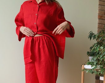 Long sleeve pajama set, Linen pyjama set, Linen pajama pants, Linen pajamas pink, Linen long sleeve shirt womens, Plus size pajamas