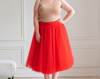 Red tulle skirt women, Midi tulle skirt, Bridesmaid skirt, Plus size skirts for women, Long skirt boho, Adult circle skirt, Summer skirt