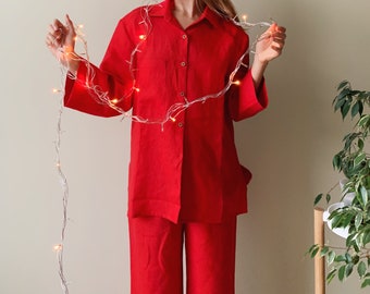 Kerst pyjama set, rode pyjama set, organische pyjama set, pyjama set vrouwen gezellig, pyjama voor kerstfeest, linnen pj set vrouwen