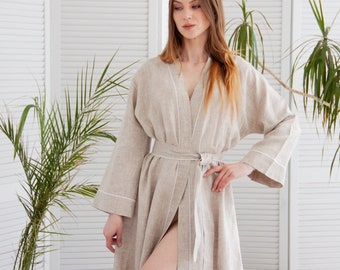 Accappatoio di lino, accappatoio kimono di lino, accappatoio kimono bianco, accappatoio kimono lungo, abito da donna lungo, accappatoio Spa per le donne, accappatoio per lei