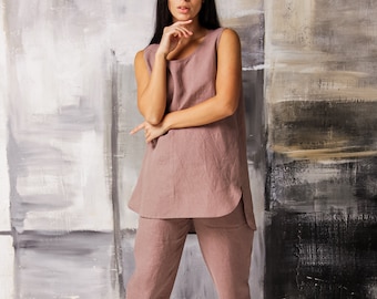 Leinen Lounge Set, Leinen Set Frauen, Leinen Pyjama Set Frauen, Leinen Kleidung plus Größe, Leinen Kurzarm Tunika, Bio Pyjama plus Größe